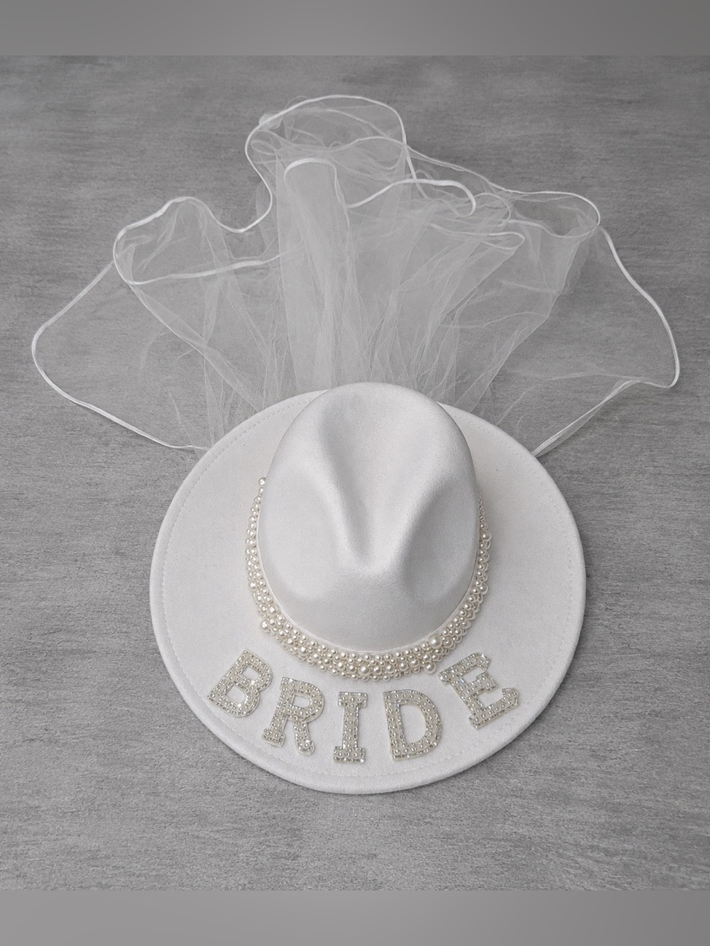 White Bride Veiled Cowboy Hat with Pearl Trim